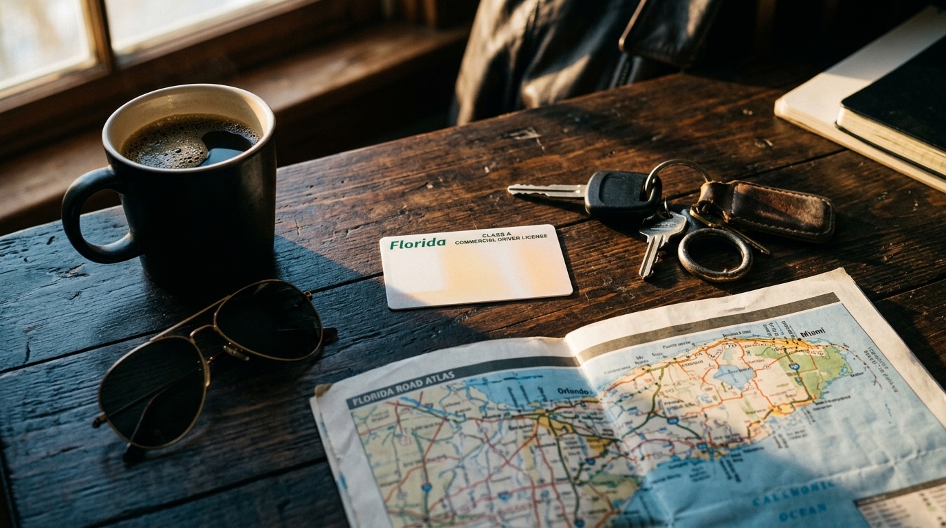 Licença CDL Classe A da Flórida sobre mesa com mapa e chaves de caminhão